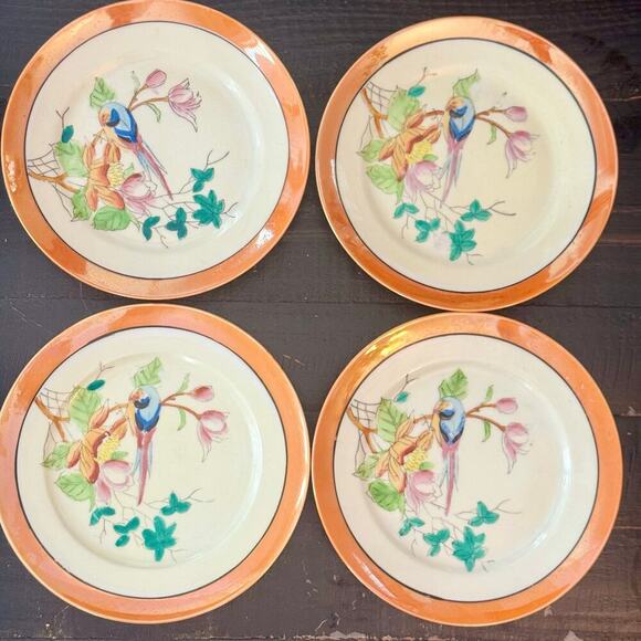 Vintage Chikaramachi Japan Bird Plates | Set of 4 Copper Rim Dessert Plates - Picture 3 of 5